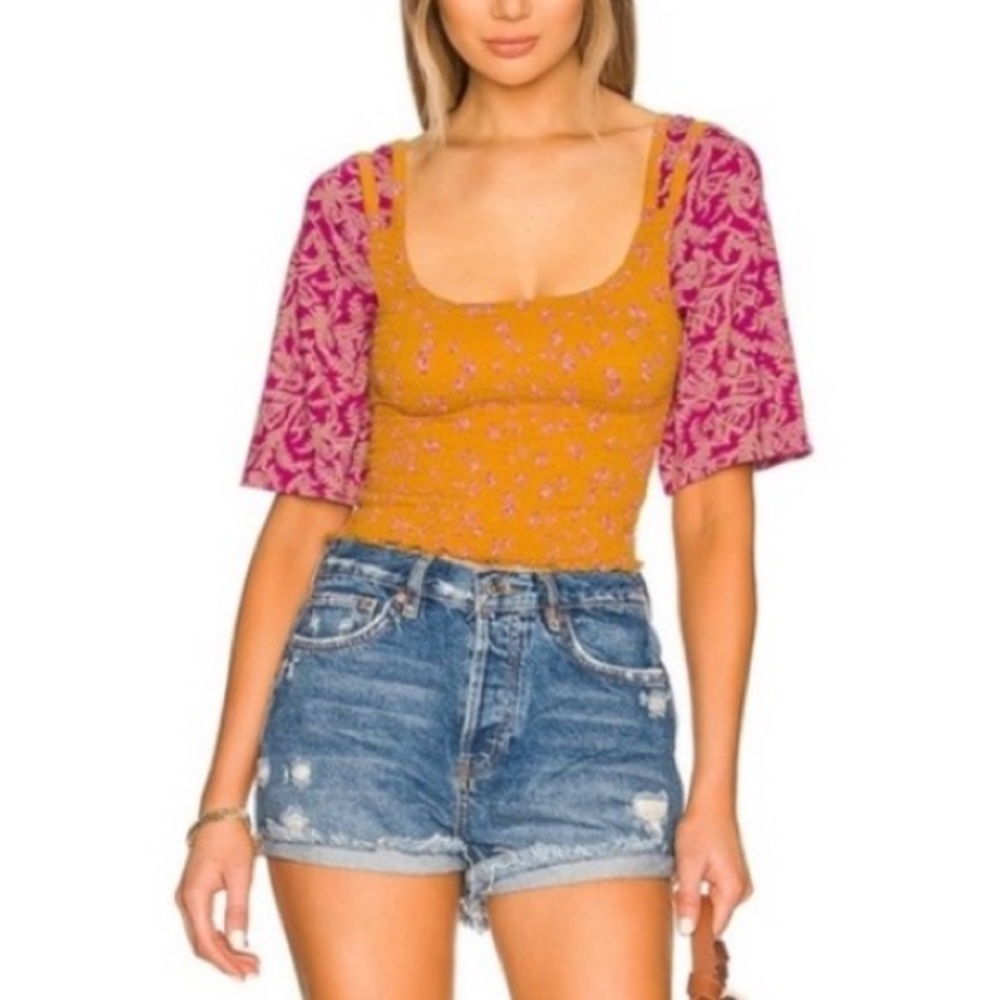Free People Marigold Floral Smocked Crop Top